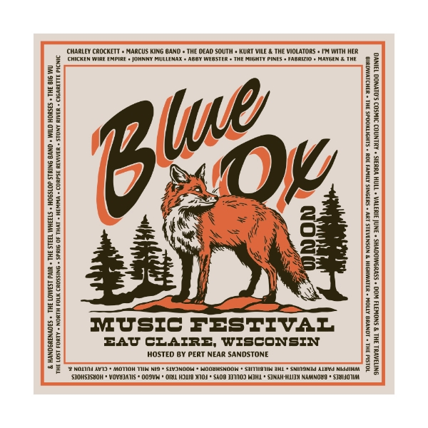 Blue Ox Music Festival fox bandana featuring a vintage-style red fox illustrated among pine trees with bold typography.