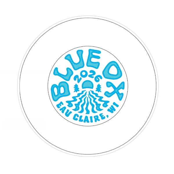 White disc golf disc featuring the Blue Ox logo with sun and landscape artwork